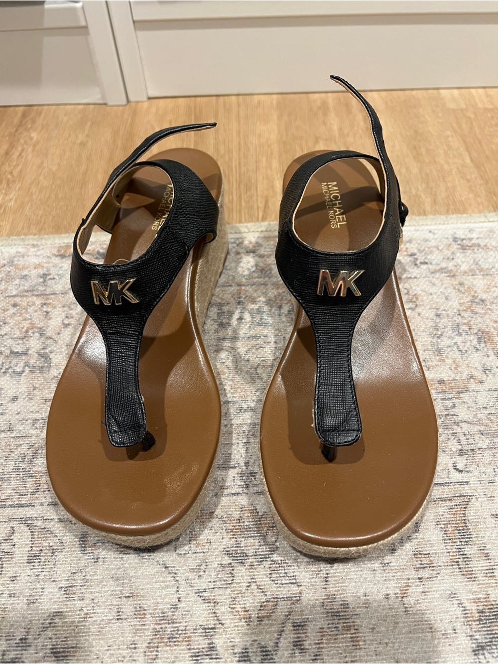 MICHAEL Michael Kors Black Leather Espadrille Wedge Sandals 6M